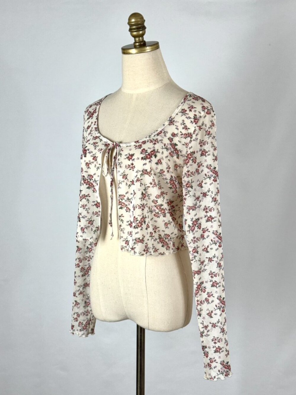 Y2K Floral Mesh Crop Cardigan Top Tie Front Sheer Lettuce Hem Coquette Dainty - Picture 5 of 9